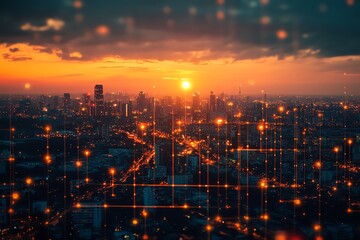 Sunset over illuminated industrial complex Networked infrastructure