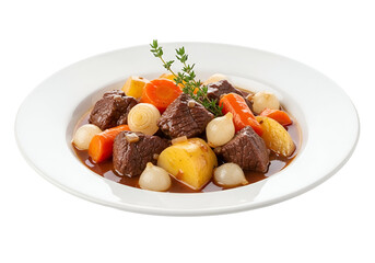 Aromatic beef stew with chunks of meat, potatoes, carrots, and onions, served in a white plate.