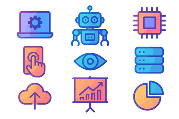 Colorful gradient icon set featuring technology, robotics, and data concepts. Includes AI, automation, cloud computing, server, processor, and business analytics chart. Vector.