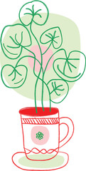 Whimsical green plant with round leaves in a red and white cup on a saucer potted plant green leaves
