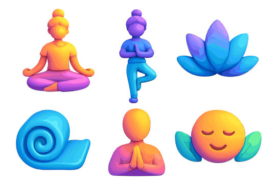 Yoga 3D icon set for wellness. Vector cartoon meditation characters. Fitness and mindfulness concepts. People in lotus and tree pose. Namaste gesture. Yoga mat and lotus flower.