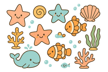 Cute sea life doodles set. Vector cartoon illustration of smiling marine animals. Starfish, whale, clownfish, shell, coral, seaweed. Kawaii ocean character collection.
