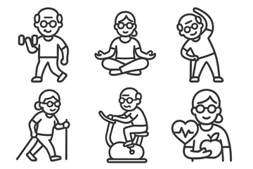 Senior fitness and elderly wellness line icon set. Active aging and healthy lifestyle for retired people. Grandparents exercising, yoga, cardio, stretching, walking vector icons.