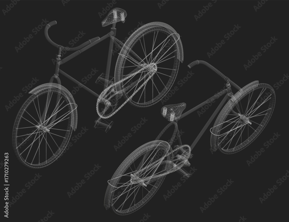 Fototapete two bicycles rendered as detailed 3d models on a black background. the wireframe structure is visibl