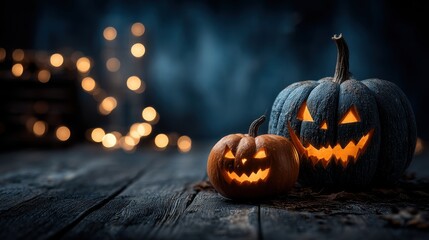 Two spooky carved pumpkins glowing on a rustic wooden surface with a blurry background of fairy lights
