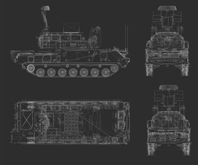 Detailed blueprint of a military anti-aircraft missile system tank, presented as a 3D model on a black background.