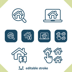 Real Estate Icons. House, Building, Home, Magnifier, Laptop, For Sale Sign, Finger Icon