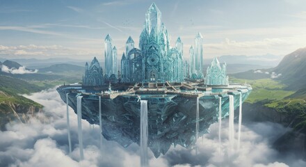 Obraz premium Majestic Crystal Castle Floating in the Sky Above Clouds.