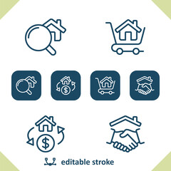 Real Estate Icons. House, Building, Home, Magnifier, Shopping Cart, Price, Hanshake, Deal Icon