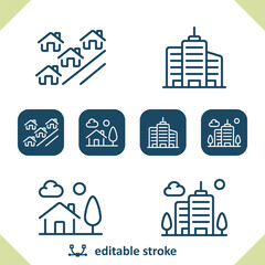 Real Estate Icons. House, Home, Houses, Street, Neighborhood, Town, City, Apartment Building Icon