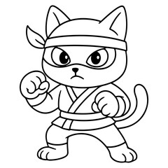 A fierce coloring page of a cartoon ninja cat in a confident fighting pose with a serious expression, ready for action.