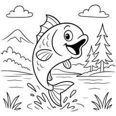 A charming coloring page showing a happy cartoon fish leaping from the water with a splash, set against a background of mountains, trees, and clouds.