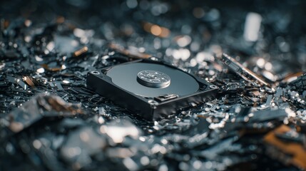 Broken hard drive on metal debris: symbolizing data loss and technology decay