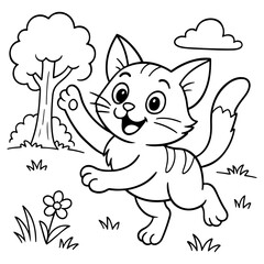 A cute cartoon cat running playfully in a field with a tree and a flower, perfect for a children's coloring page.