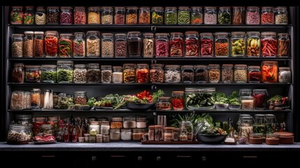 Naklejka premium Illuminated Pantry: A Symphony of Culinary Ingredients in Glass Jars