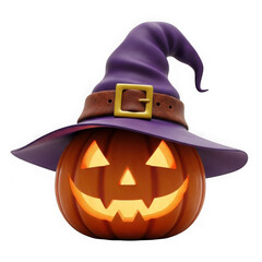 Spooky glowing jack o lantern pumpkin wearing a purple witch hat isolated on transparent background