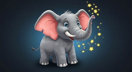 Happy baby elephant with glowing stars background
