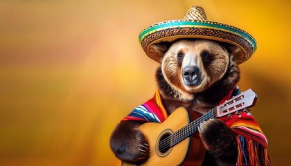 A cheerful bear wearing a colorful sombrero and poncho, playing a guitar on a vibrant background, showcasing a fun, playful, and artistic design.