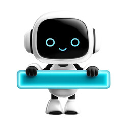 Adorable cartoon robot character with a friendly face, holding an empty glowing blue search bar. Perfect for technology projects, website designs, digital interfaces, AI assistant concepts.