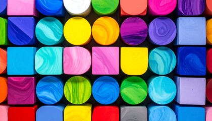 A vibrant arrangement of colorful geometric shapes, including squares and cylinders, tightly packed in a grid. A display of primary and secondary hues