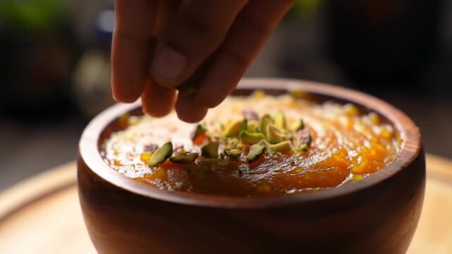 Delicious halwa garnished with pistachios closeup
