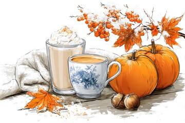 Pumpkin spice latte, tea, pumpkins, and berries covered with first snow creating cozy autumn still life