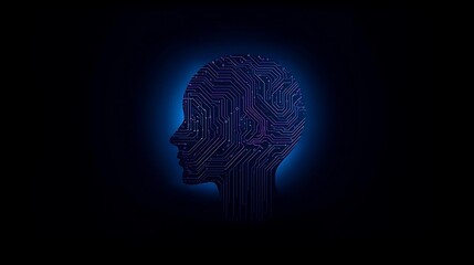 A glowing blue aura surrounds the profile of a human head constructed from intricate circuit board patterns, symbolizing artificial intelligence.