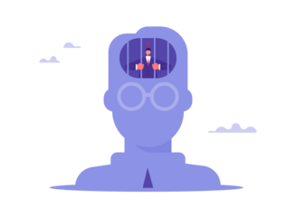 Mind prison, melancholy and frustration concept, businessman in silhouette of head behind bars, sad, depression and internal problems