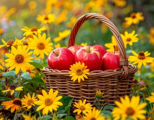 Basket of Red Apples in Flower Field
