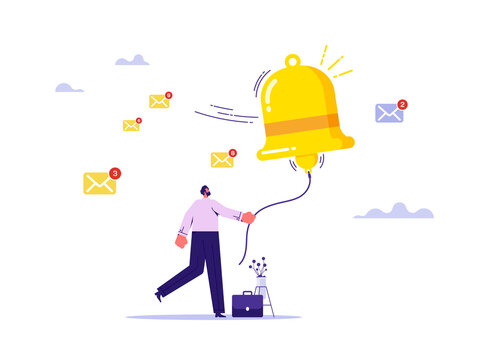 Marketing or advertising push notifications concept, ring subscription bell to get reminder for new social media content, businessman ringing the big bell with online promotion or email newsletter not - Powered by Adobe