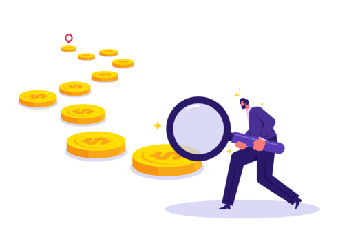 Looking for business opportunities and ways to make money concept, businessman holding a magnifying glass looking for the trail of money gold coins - Powered by Adobe