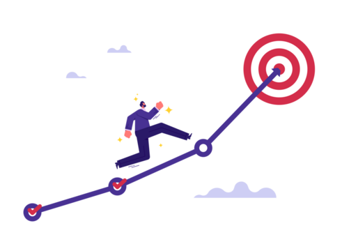 Motivation or challenge to achieve success concept, progress to goal or reaching business target, career growth, businessman running on growth chart to target