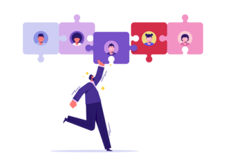 Team metaphor. businessman manager connecting jigsaw puzzle elements, symbol of teamwork building, cooperation, partnership 