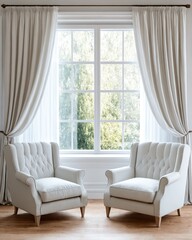 Luxury white armchairs in bright living room interior with window