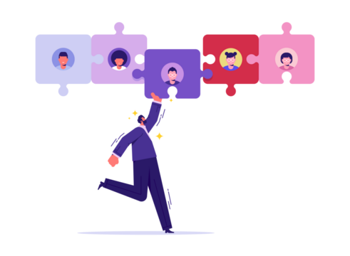 Team metaphor. businessman manager connecting jigsaw puzzle elements, symbol of teamwork building, cooperation, partnership 