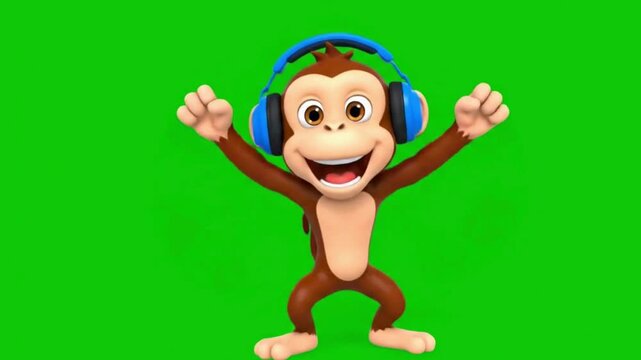 Happy monkey wearing headphones dancing on green screen