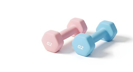 Two dumbbells, one pink and one blue, resting side-by-side on a white surface with soft shadows.