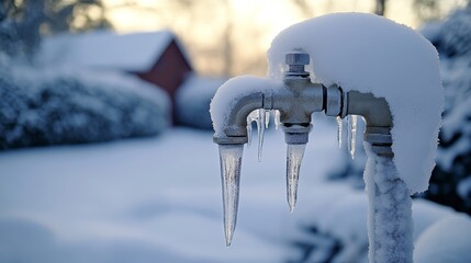 Icicle-covered outdoor faucet in snowy winter landscape
