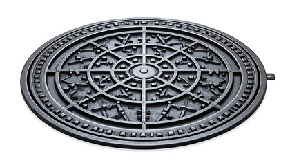 Obraz premium A circular, detailed metal manhole cover with ornate, decorative patterns.