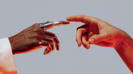 Robot hand touching human hand with futuristic connection theme