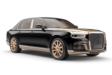 Luxury black and gold sedan isolated on white background, perfect for high-end advertising, showcasing elegance, prestige, and automotive excellence with sophisticated design