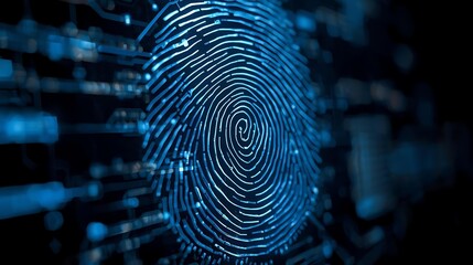 A close-up, digitally enhanced image of a fingerprint, glowing with blue light against a dark, circuit-board-like background.