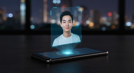 Smartphone displaying a holographic image of a smiling man in a futuristic setting.