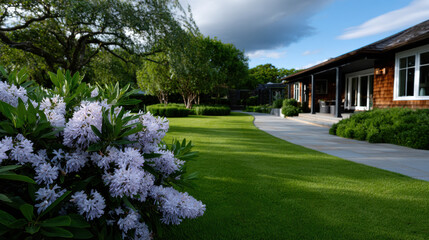 A beautifully manicured lawn showcases vibrant flowers, creating a serene outdoor setting that invites relaxation and tranquility in a picturesque environment.