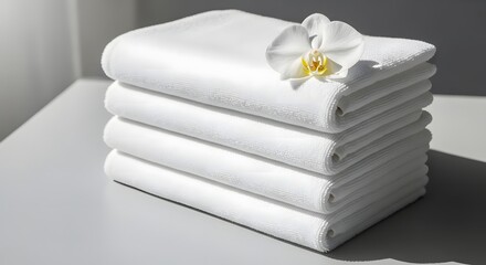 A stack of neatly folded white towels, adorned with a delicate orchid flower, placed on a light-colored surface.
