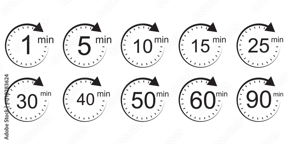 Poster timer, clock, stopwatch isolated set icons. countdown timer symbol icon set. label cooking time. vec