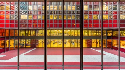 Architectural Symmetry: Modern Building's Red and Yellow Glass Facade