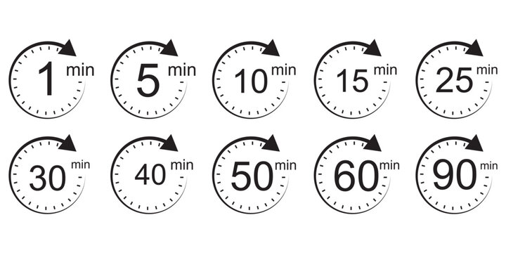 Timer, clock, stopwatch isolated set icons. Countdown timer symbol icon set. Label cooking time. Vector illustration.Set of analog clocks for every hour icon.Stopwatch icon from 1 to 60 minute timer