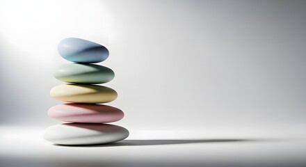 A stack of smooth, colorful stones balanced against a bright background, creating a sense of harmony.