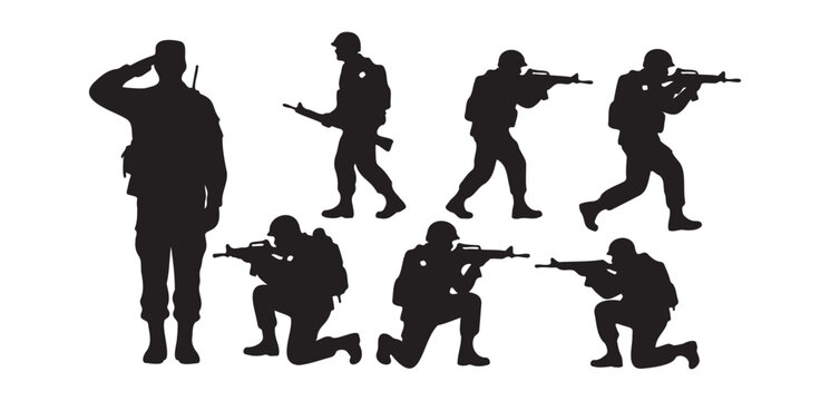 Soldier silhouettes set. Male military figures in various poses, including standing, saluting, walking, and kneeling, with guns. Army, navy, and marine corps concept.

